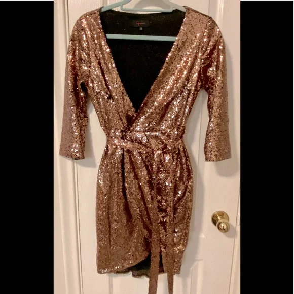 slim fit dress slacks Women's Long Sleved Golden Sequin Wrap Midi Dress with Tie Waist main image 1